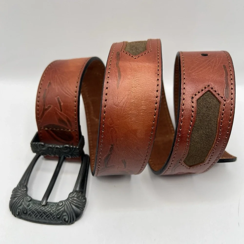 Leather Leaf Print Embossed Western Belt Women's S/M Brown Rodeo Boho